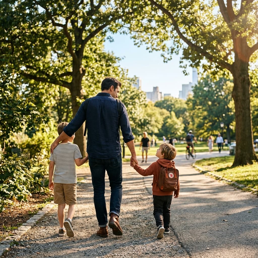 Father and sons walking